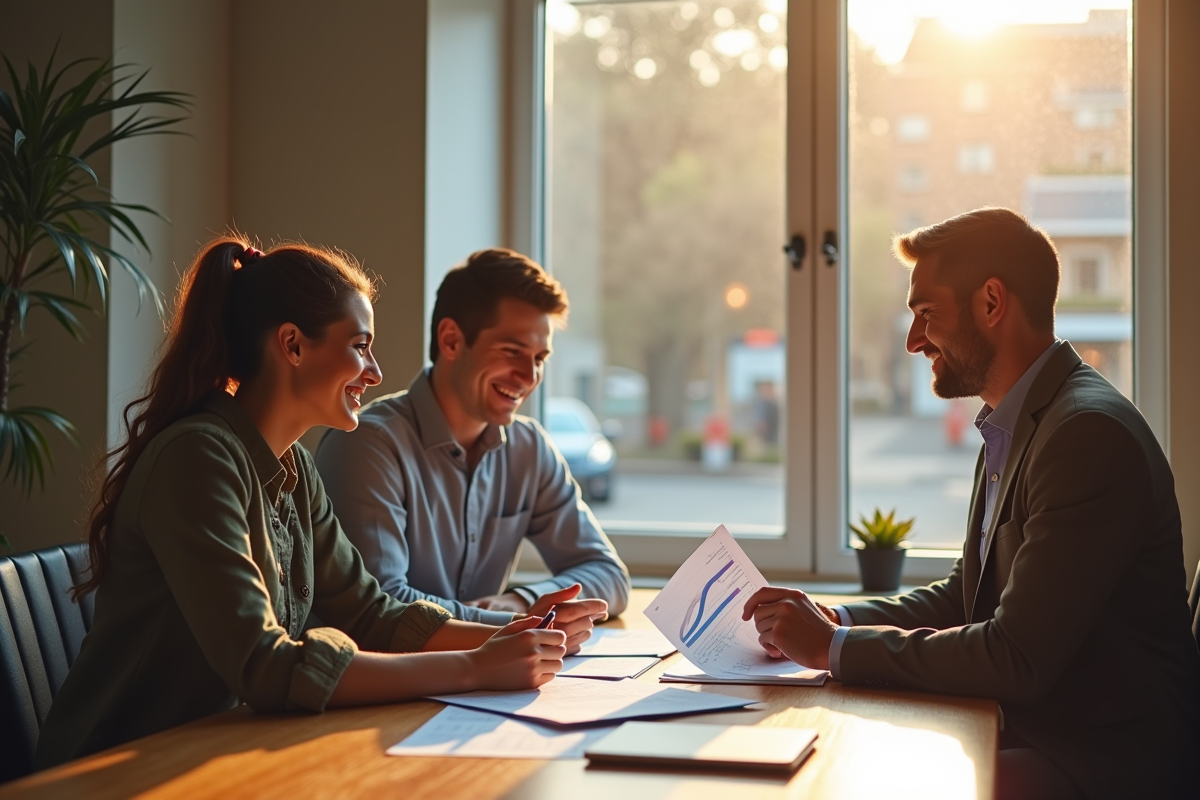 Conseiller financier montrant des tableaux de taux hypothécaires à un couple