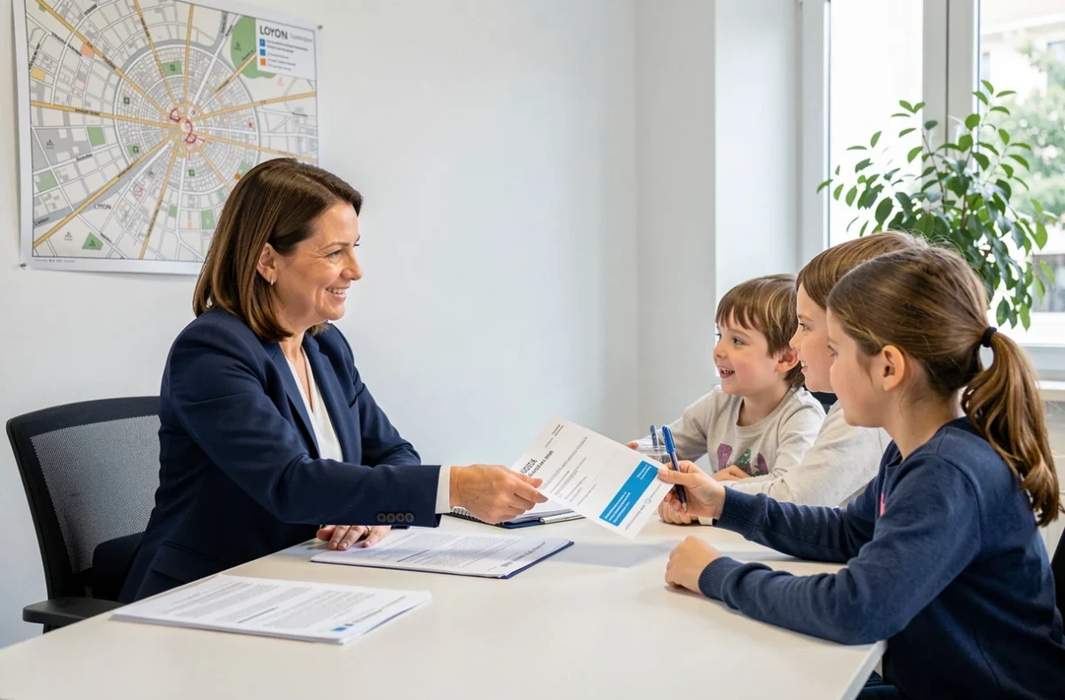 Conseillère en assurance habitation présentant un contrat à une famille dans une agence à Lyon