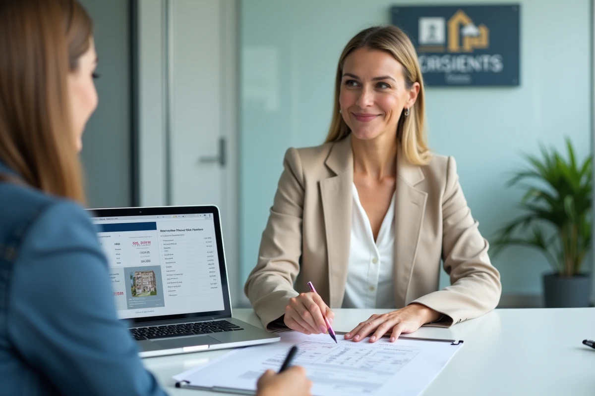 Conseillère immobilière expliquant les frais de notaire réduits sur un achat en construction neuve