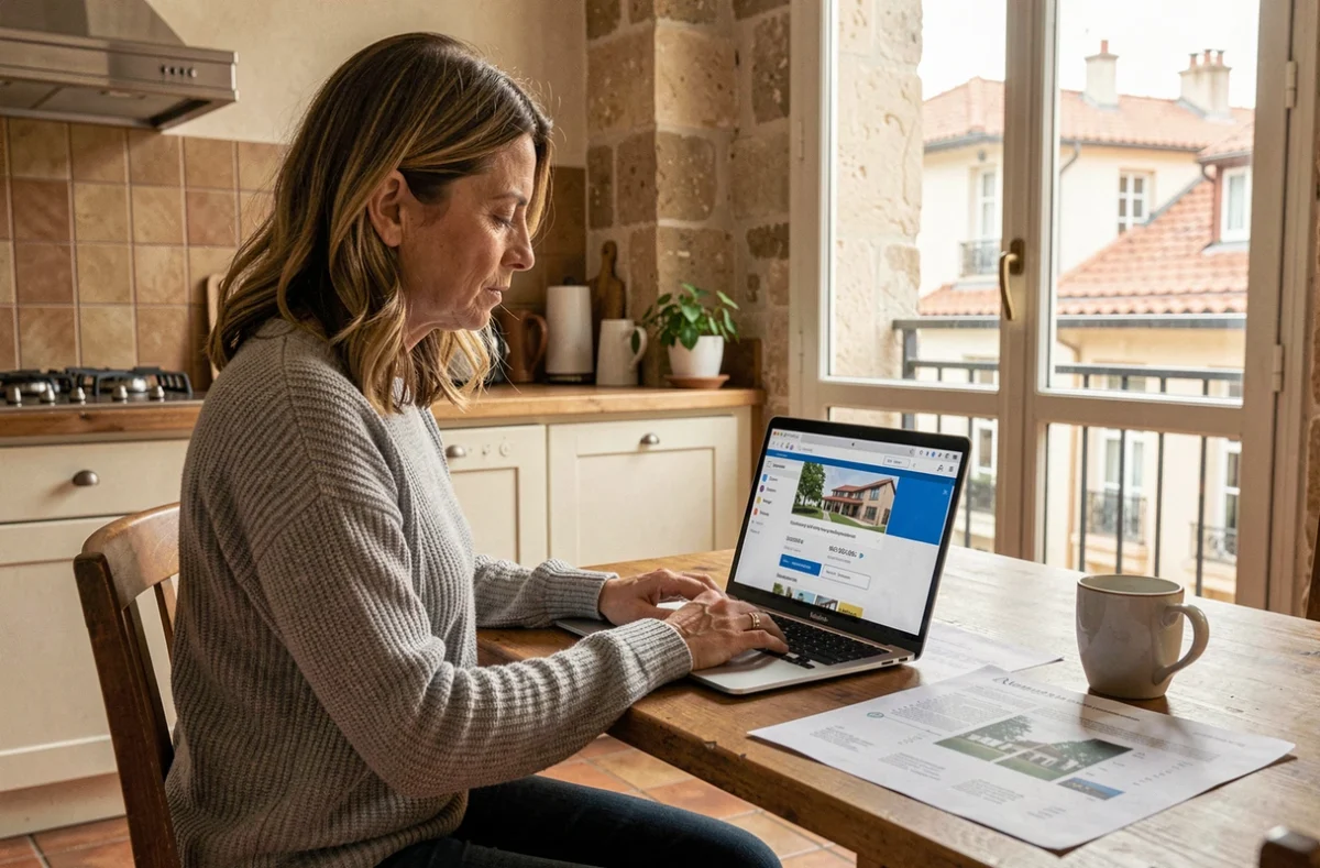 Femme consultant une estimation immobilière en ligne sur son ordinateur portable dans un appartement typique de Lyon