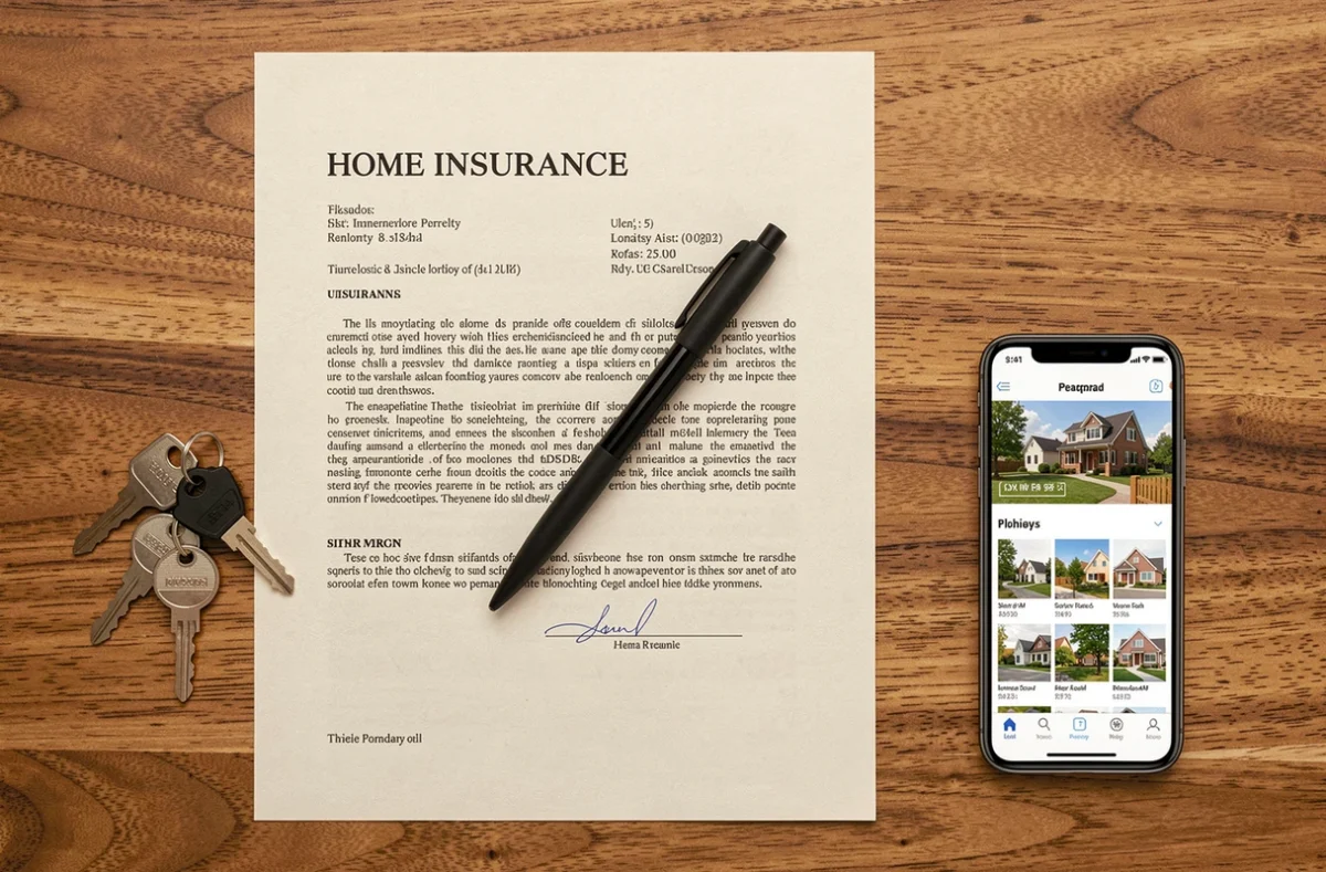 Contrat d'assurance immeuble PNO posé sur un bureau avec des clés d'appartement et un stylo