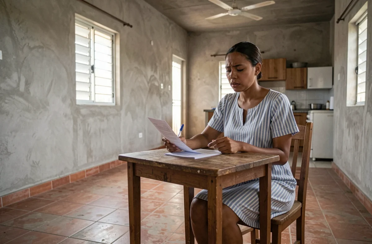 Femme lisant attentivement un contrat de location dans un appartement peu meublé à Dakar, représentant les pièges administratifs pour les nouveaux locataires