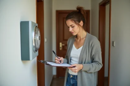 Femme notant un compteur électrique dans un couloir d'appartement