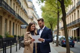 Couple consultant une brochure immobilière dans une rue résidentielle bordée d'arbres à Nogent-sur-Marne