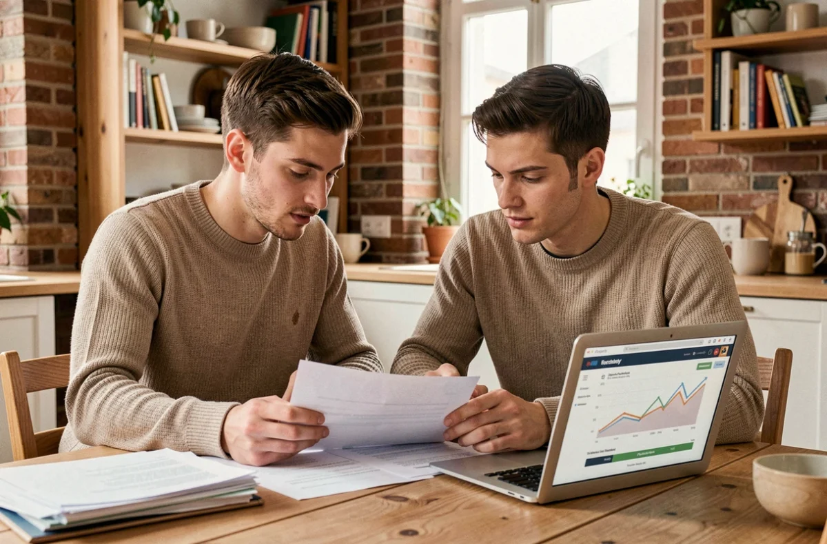 Jeune couple consultant un tableau comparatif de taux immobiliers sur ordinateur portable pour acheter sans apport en 2026