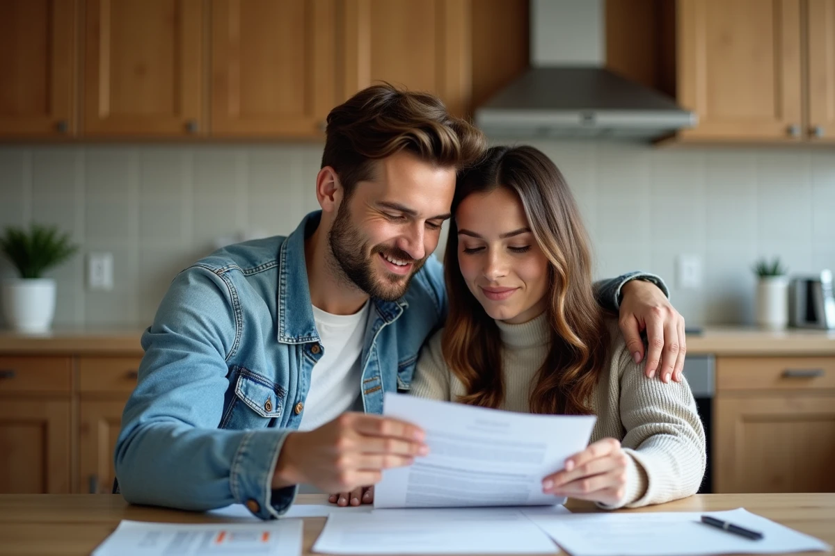 Jeune couple discutant de documents de prêt immobilier à la maison