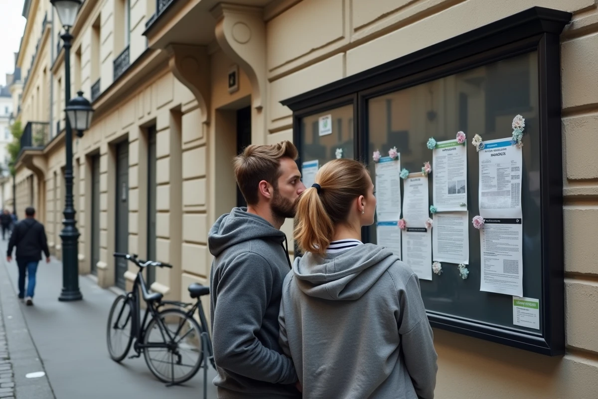 Jeune couple consultant des annonces de logement HLM affichées sur un panneau d'information municipal à Paris