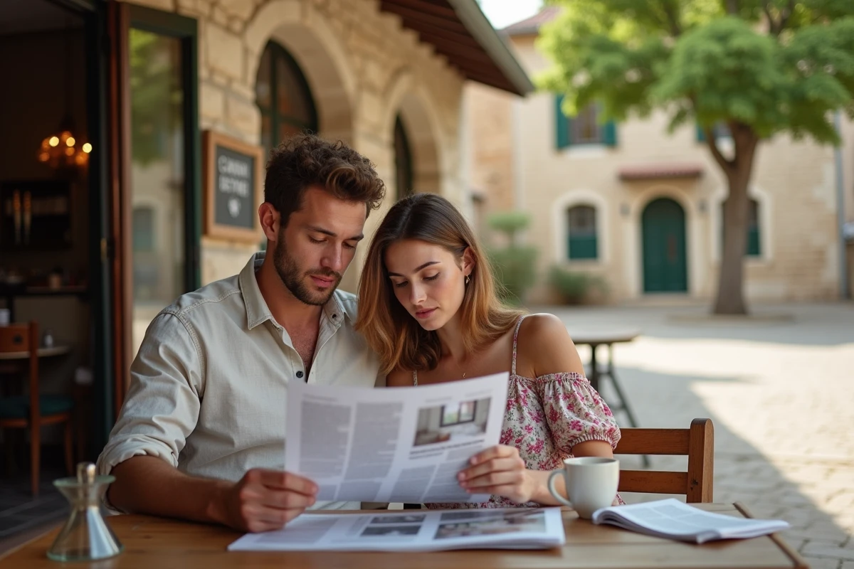 Couple consultant des annonces de location immobilière à la terrasse d'un café de village dans l'Aude