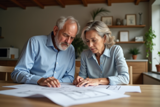 Couple regardant des plans architecturaux dans une maison moderne