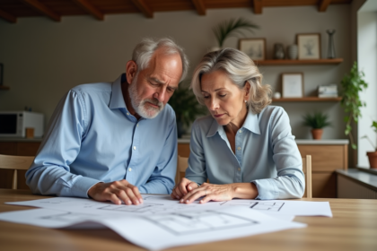 Couple regardant des plans architecturaux dans une maison moderne