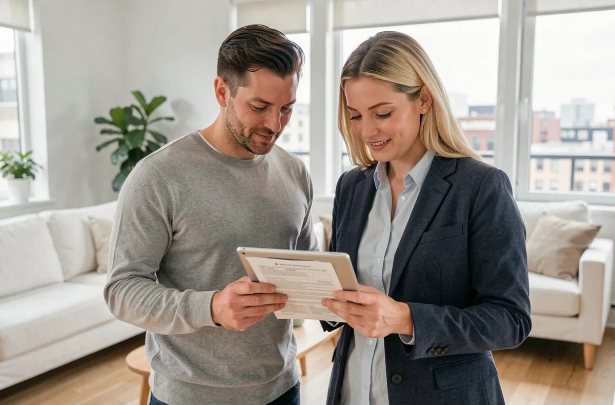 Couple consultant une assurance habitation temporaire sur tablette dans un appartement de location