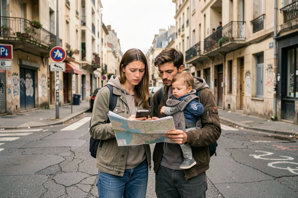 Jeune couple avec un bébé en porte-enfant consultant leur téléphone dans un quartier à éviter de Brive-la-Gaillarde