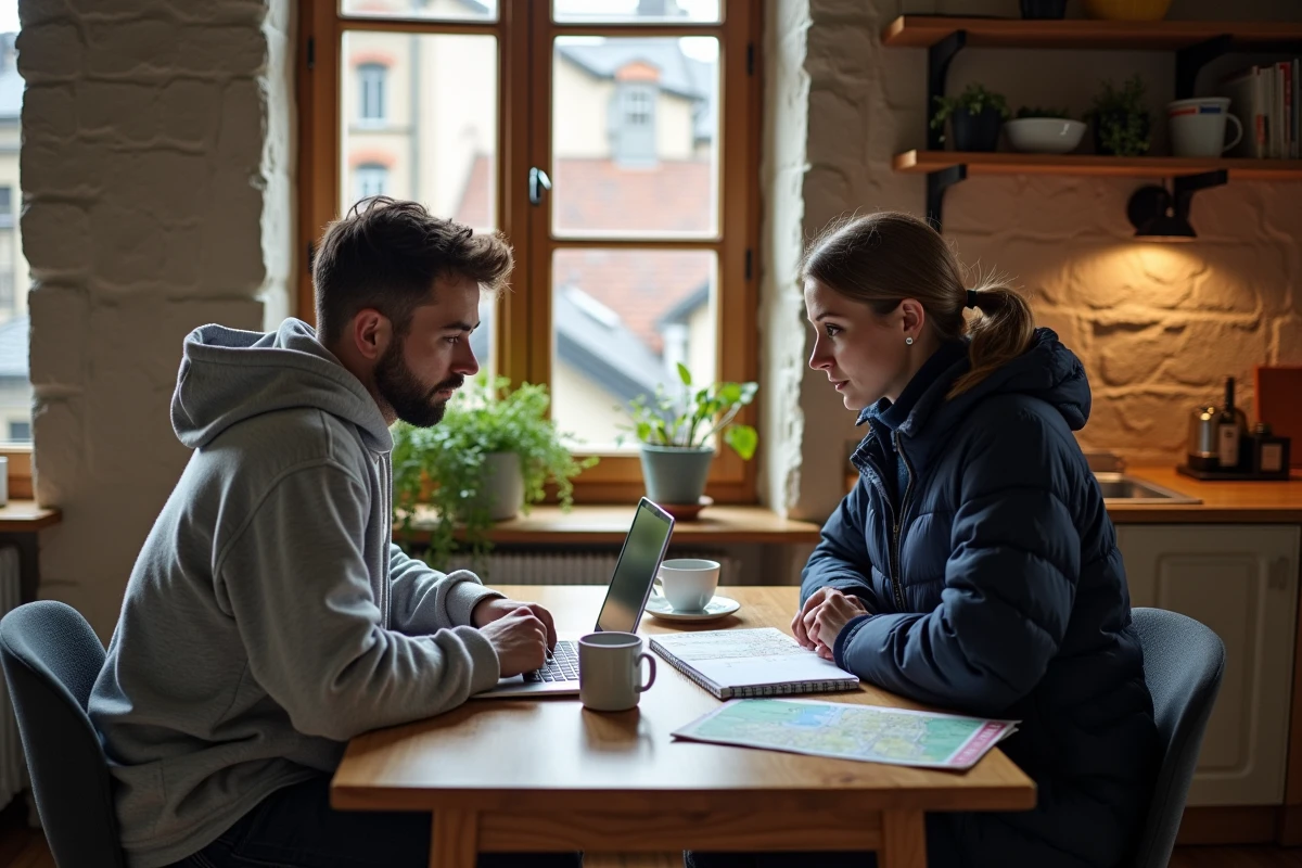 Couple consultant un budget et une carte pour trouver un appartement abordable à Besançon dans un intérieur cosy
