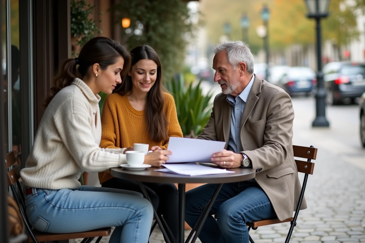 Jeune couple discutant avec un agent immobilier au café