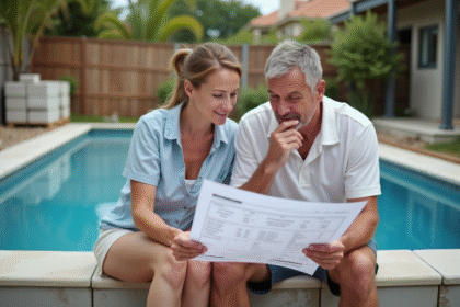 Couple d'adultes regardant plans de construction piscine