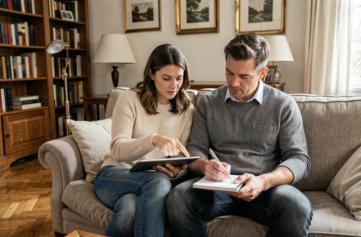 Couple comparant des devis d'assurance habitation sur une tablette dans leur salon à Troyes