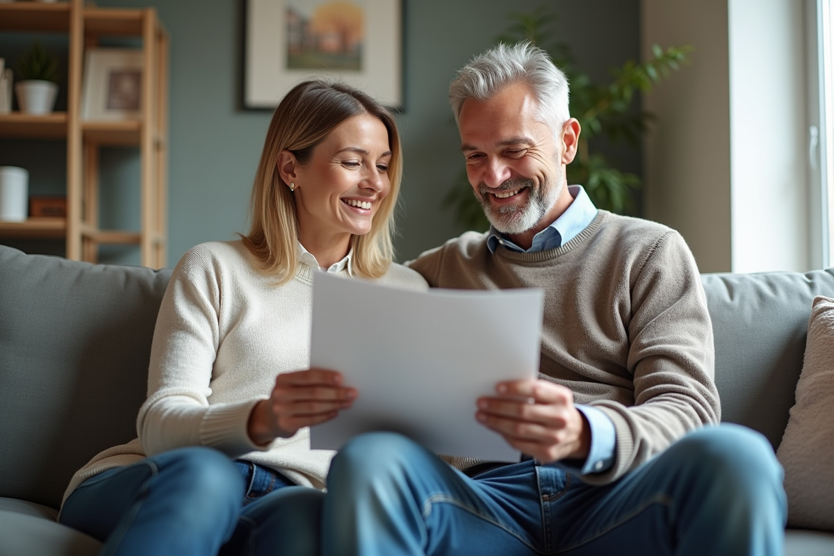 Couple discutant d une brochure immobiliere