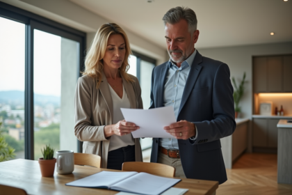 Couple d'adultes examine un dossier immobilier dans un salon moderne