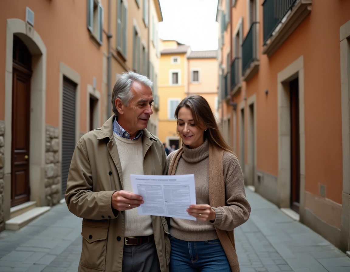 Couple étudiant une estimation de prix immobilier dans une rue résidentielle typique de Lyon