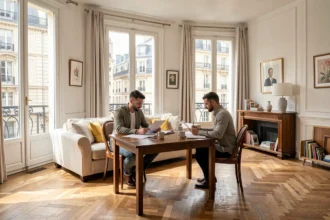 Couple examinant des documents dans le salon lumineux d'un appartement