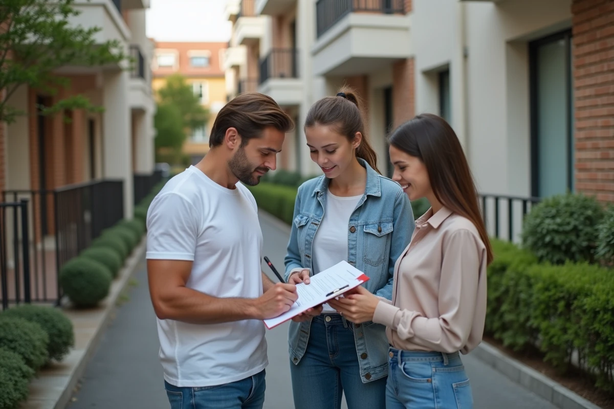 Jeune couple avec agent immobilier devant une maison