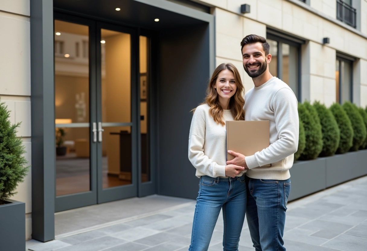 Jeune couple souriant devant un immeuble neuf à Paris