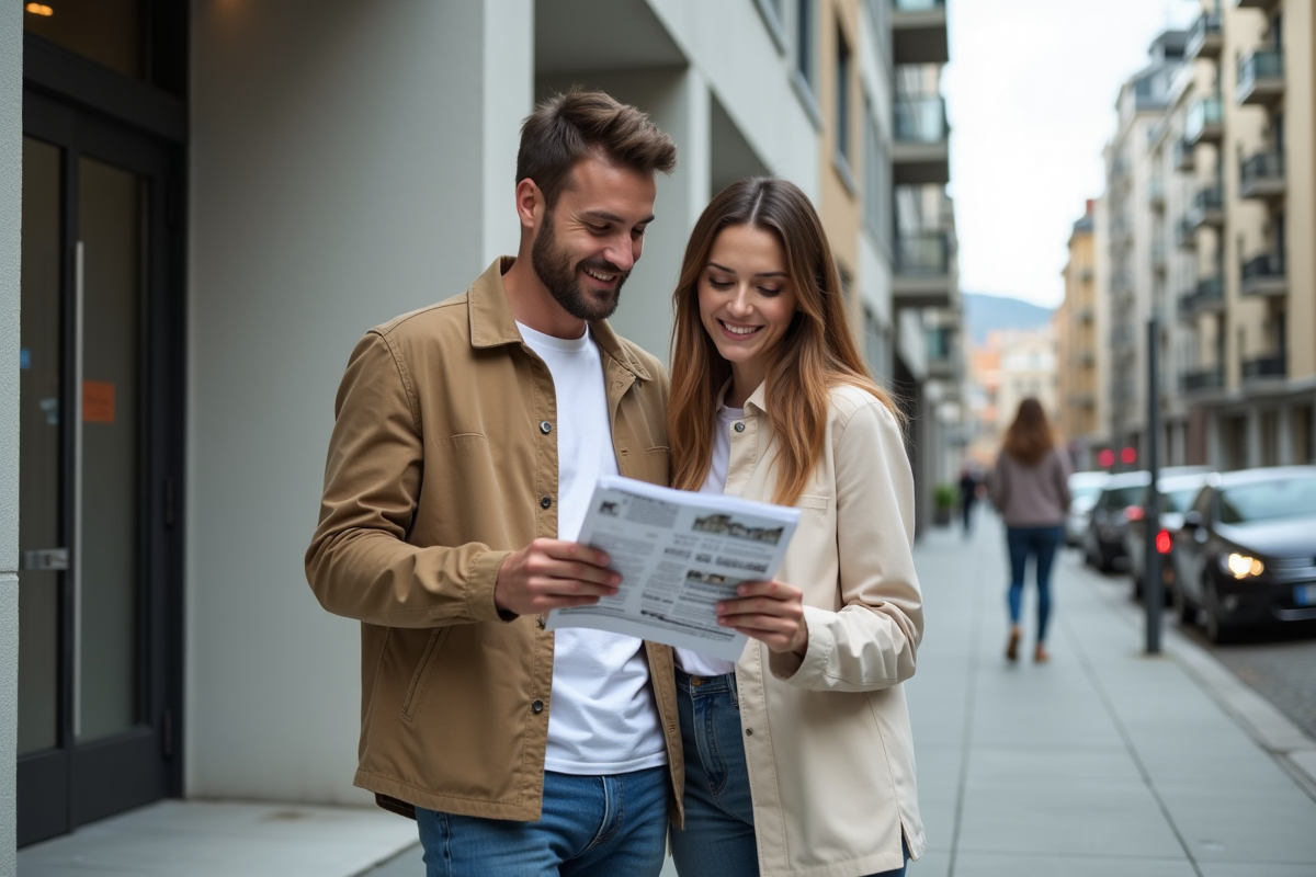 Jeune couple regardant une brochure immobiliere dans la ville