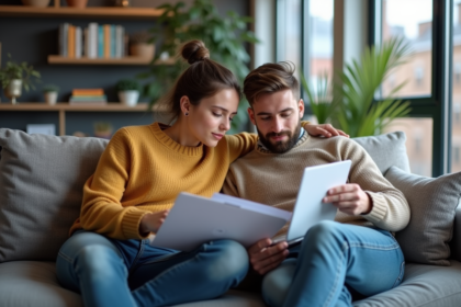 Jeune couple lisant des documents dans un salon moderne