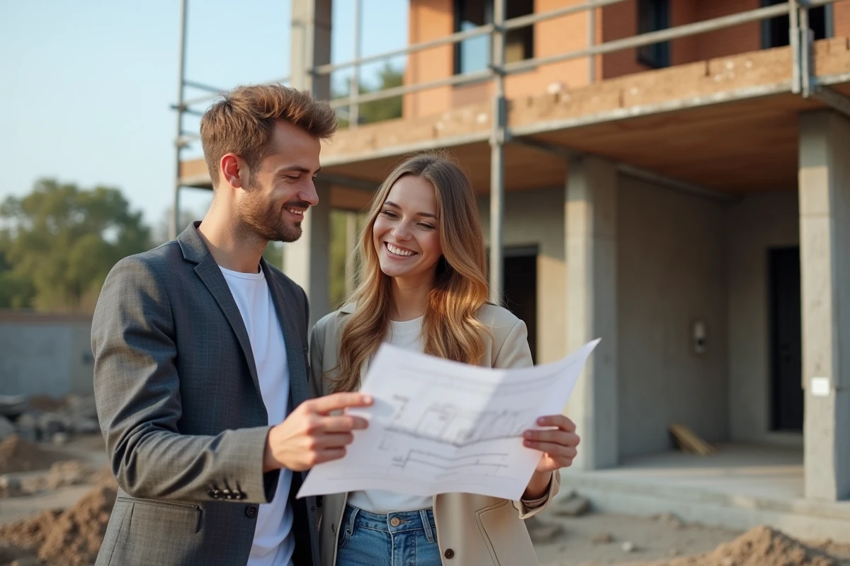 Couple de futurs propriétaires devant une maison neuve en construction tenant un plan architectural