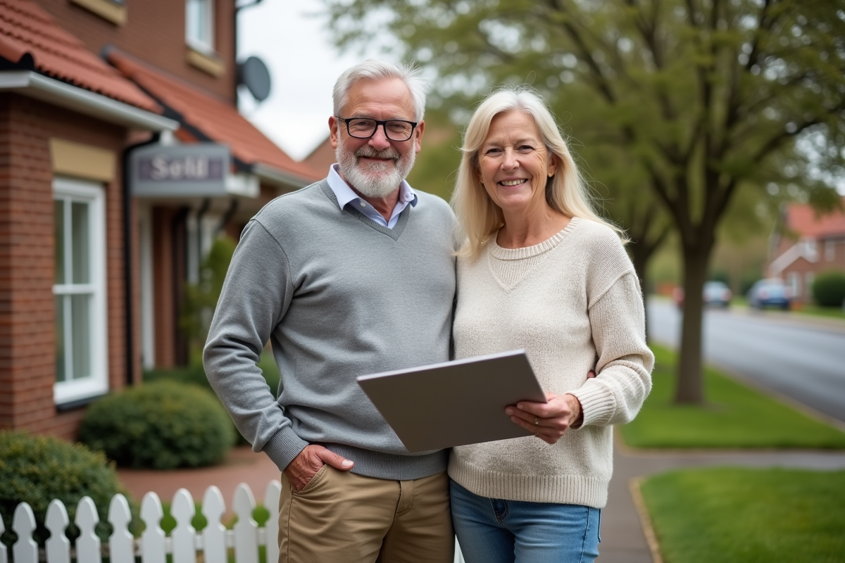 Couple souriant devant leur maison vendue dans un quartier résidentiel