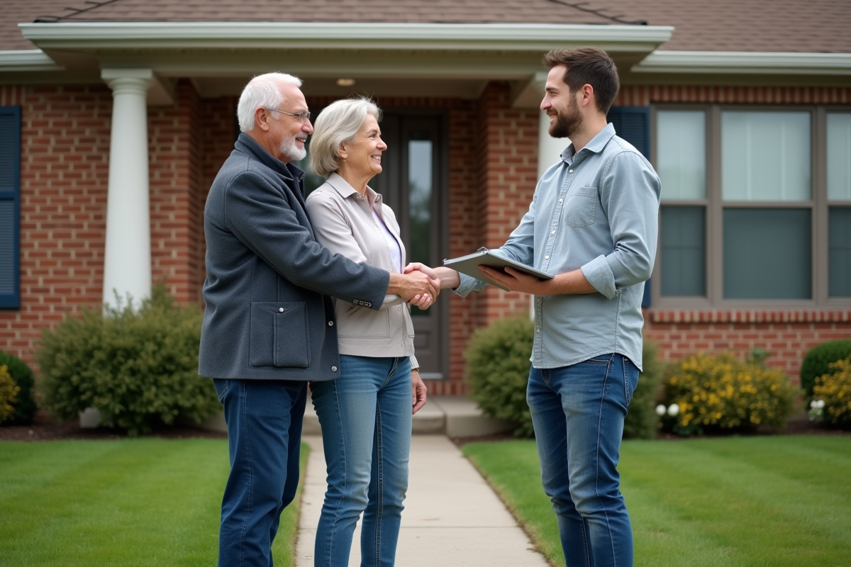 Couple et agent immobilier devant maison en vente dans un quartier résidentiel