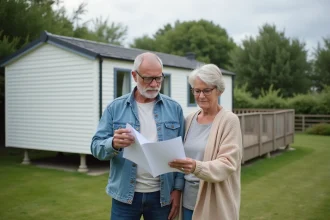 Couple examinant un contrat devant un mobil home installé sur un terrain privé en zone rurale
