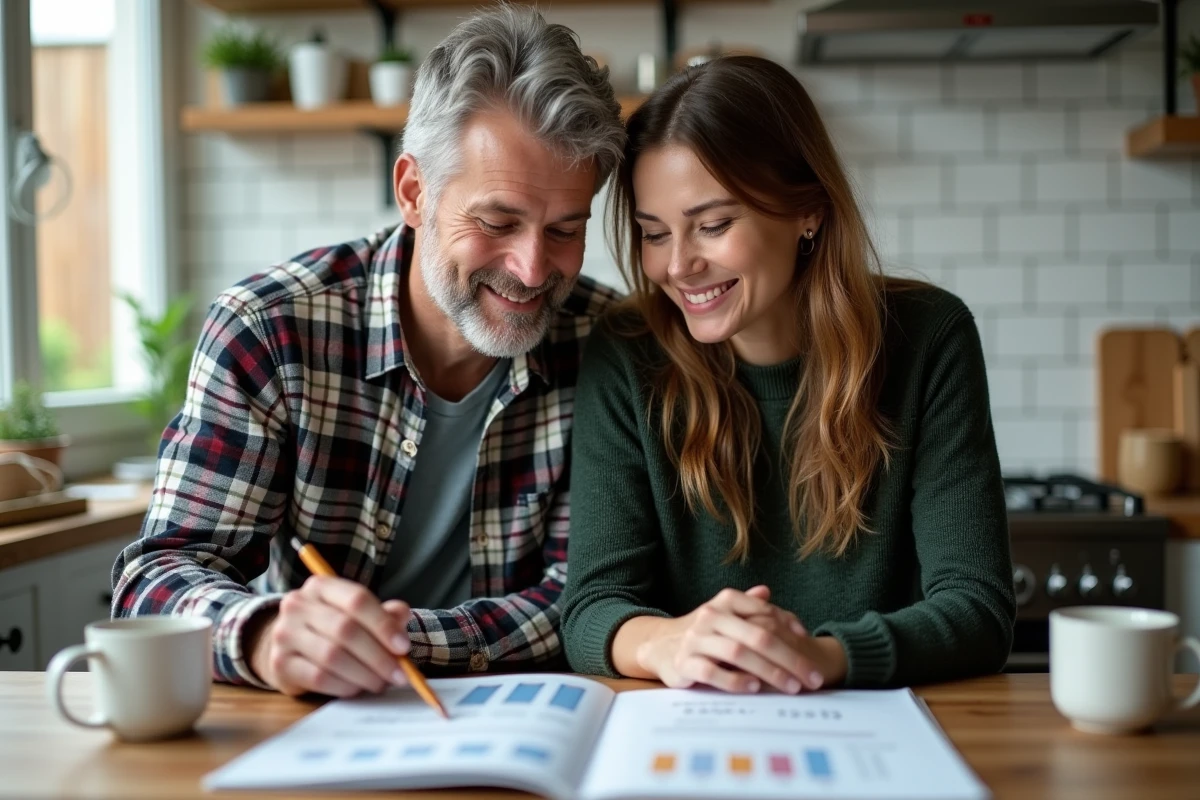 Couple planifiant leur budget de rénovation immobilière avec un manuel et un ordinateur portable à la cuisine