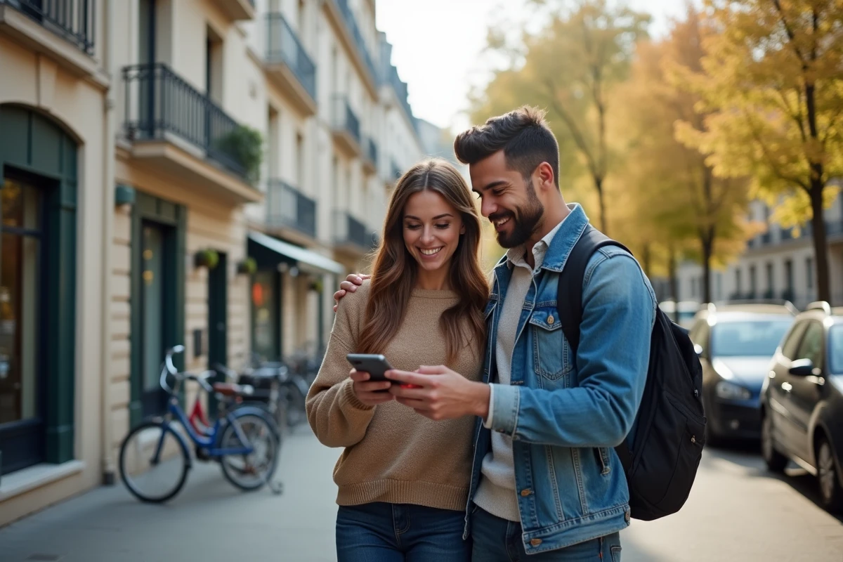 Couple consultant une application immobilière devant un immeuble parisien pour trouver un appartement
