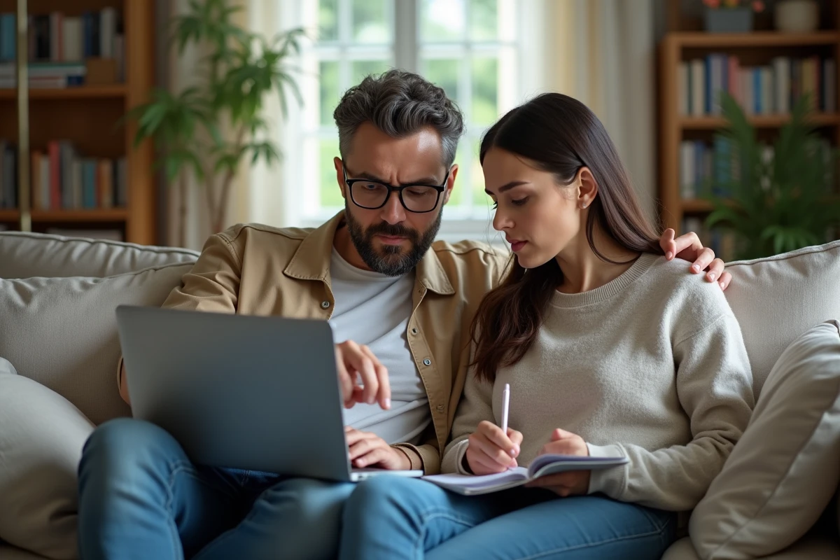 Couple vérifiant ensemble une annonce de location de petite maison avec jardin sur internet pour détecter une arnaque