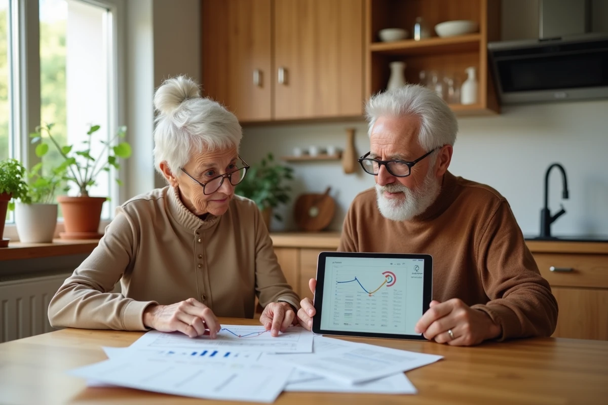 Un couple de retraités compare les résultats d'un simulateur viager sur tablette et papier à la maison