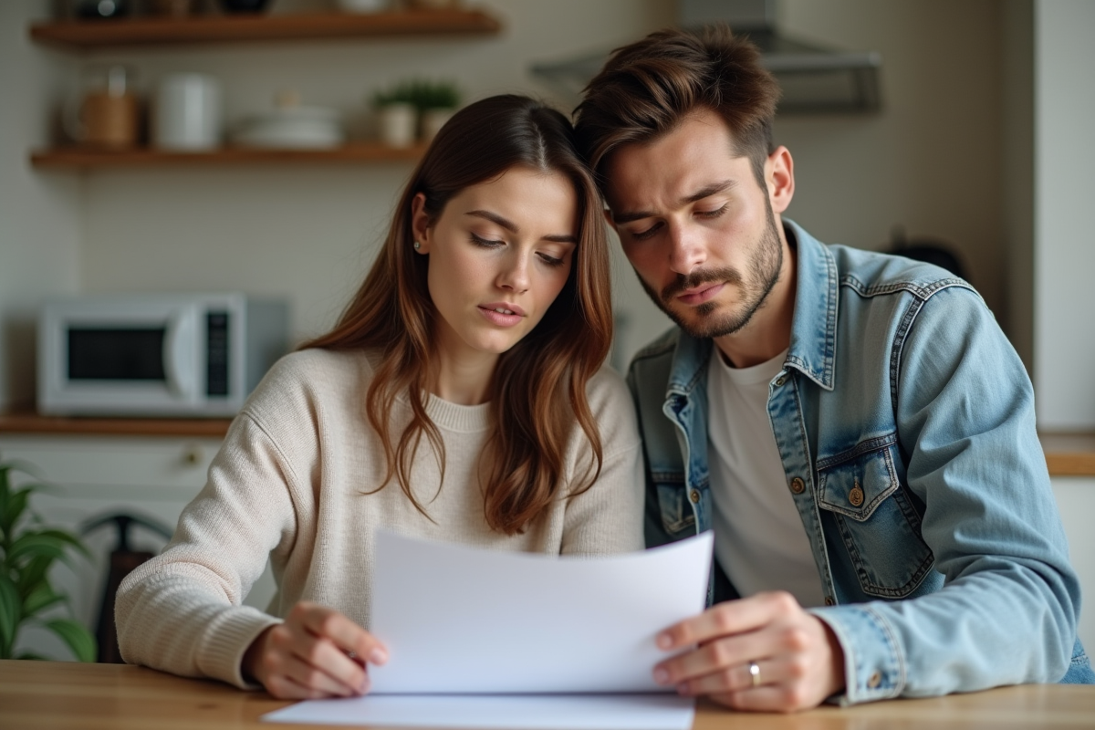 Jeune couple discutant de documents à la maison