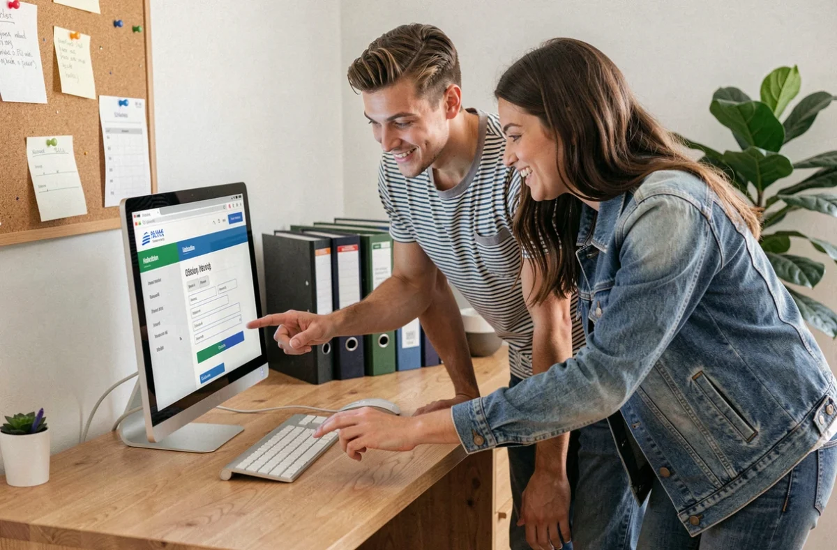 Couple en train de comparer des offres d'assurance habitation en ligne sur un ordinateur de bureau à domicile