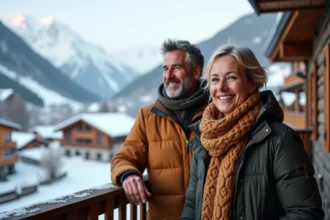 Couple souriant sur le balcon avec vue sur la montagne enneigee