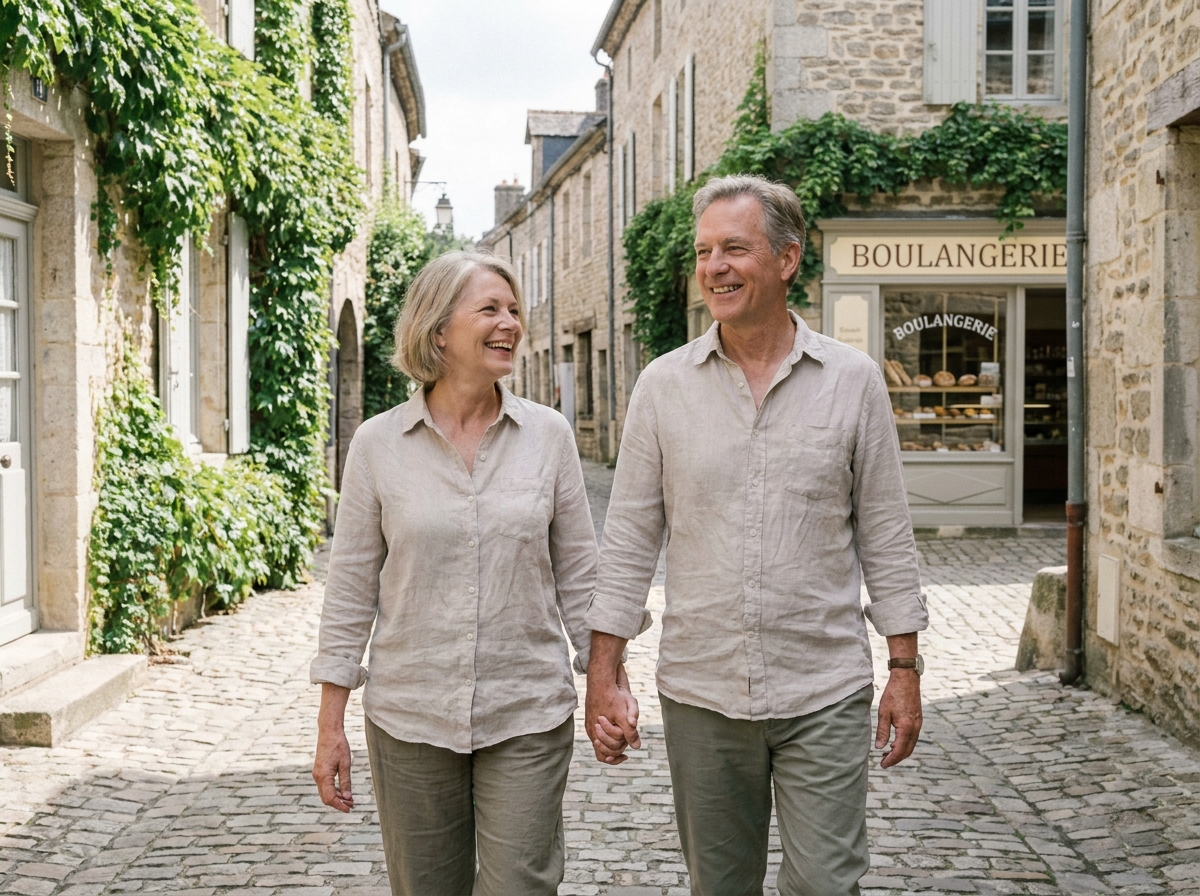 Couple mature se promenant dans un village français pittoresque