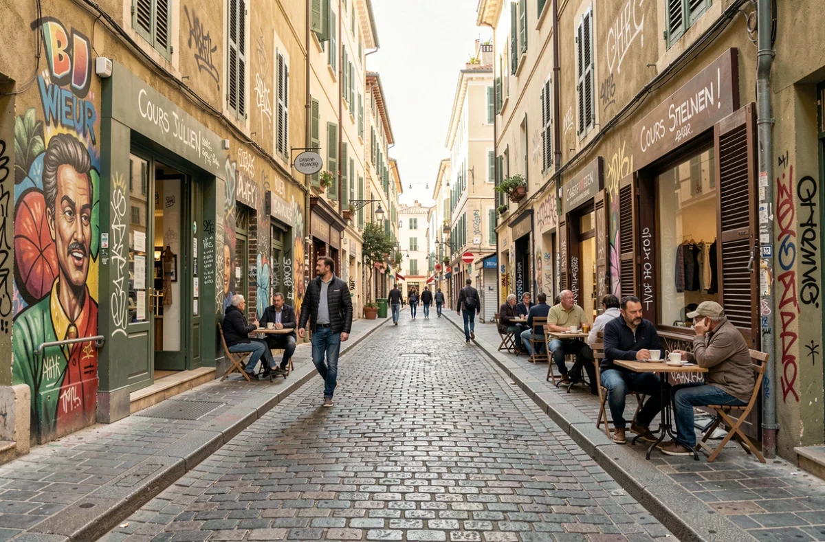 Rue animée du Cours Julien à Marseille avec street art et commerces locaux, quartier prisé pour l'investissement immobilier