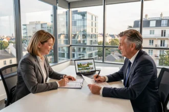 Consultation avec un courtier en prêt immobilier dans les Hauts-de-Seine, vue d'ensemble d'un bureau moderne