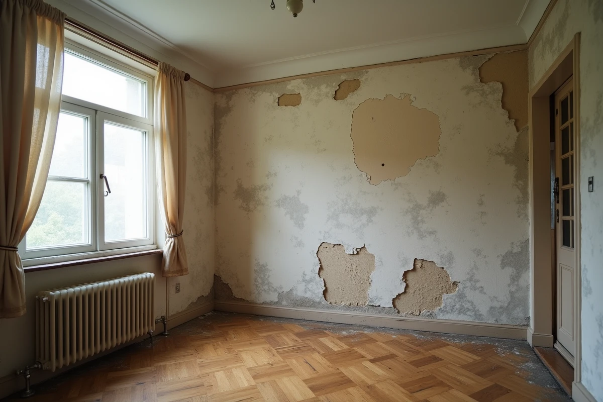 Détérioration visible sur le mur d'un salon avec fissures et traces d'humidité, défaut apparent lors de la vente immobilière