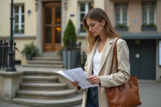 Femme consultant des documents de demande HLM devant un immeuble de logement social à Paris