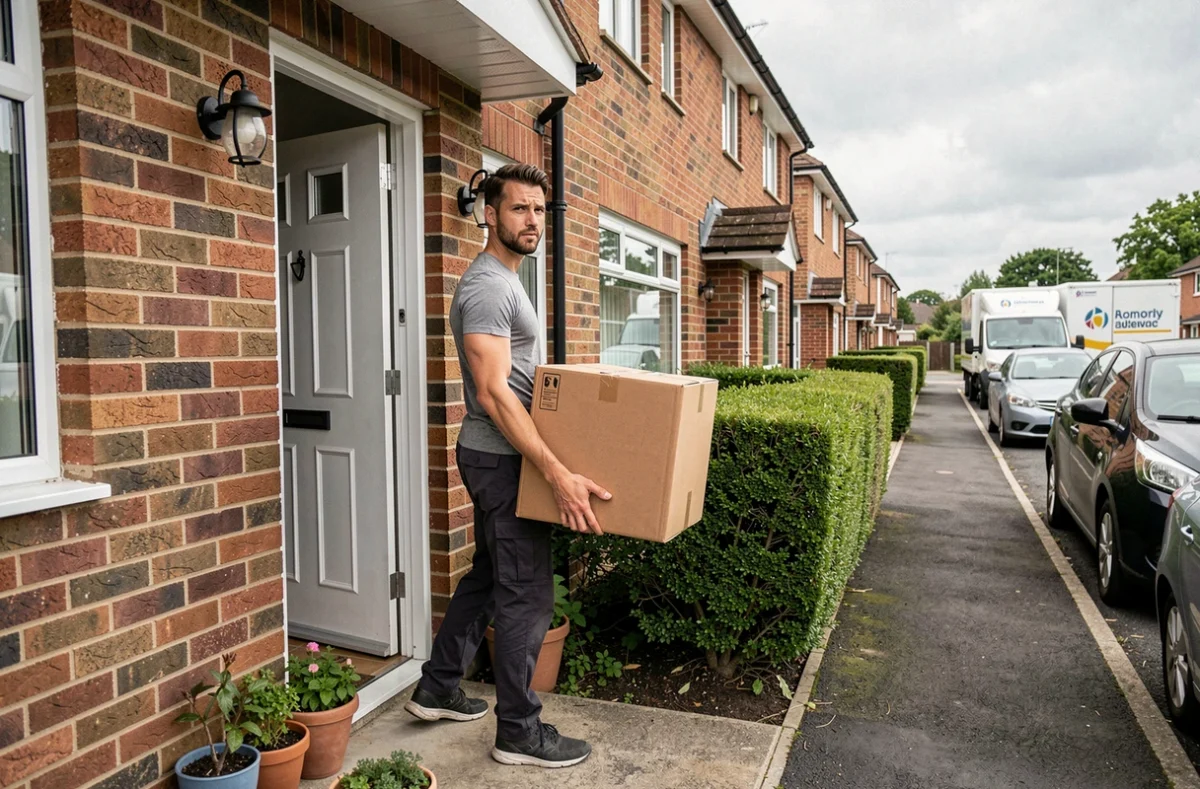 Homme déménageant dans une nouvelle maison avec des cartons, concept d'assurance temporaire