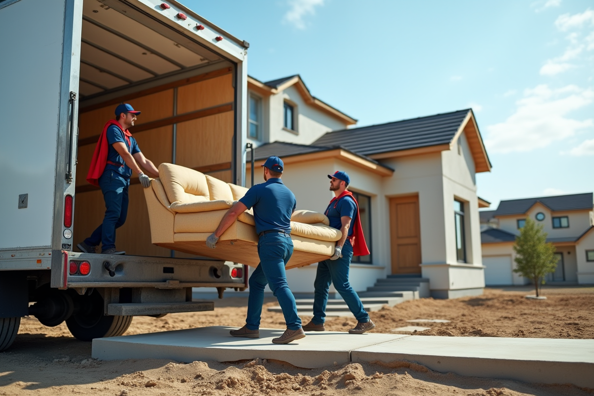 Déménageurs professionnels portant un canapé dans une maison neuve