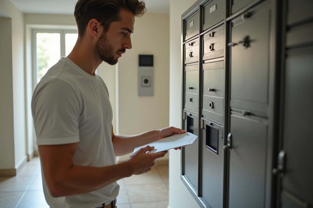 Homme déposant une enveloppe de préavis dans les boîtes aux lettres d'un immeuble en colocation