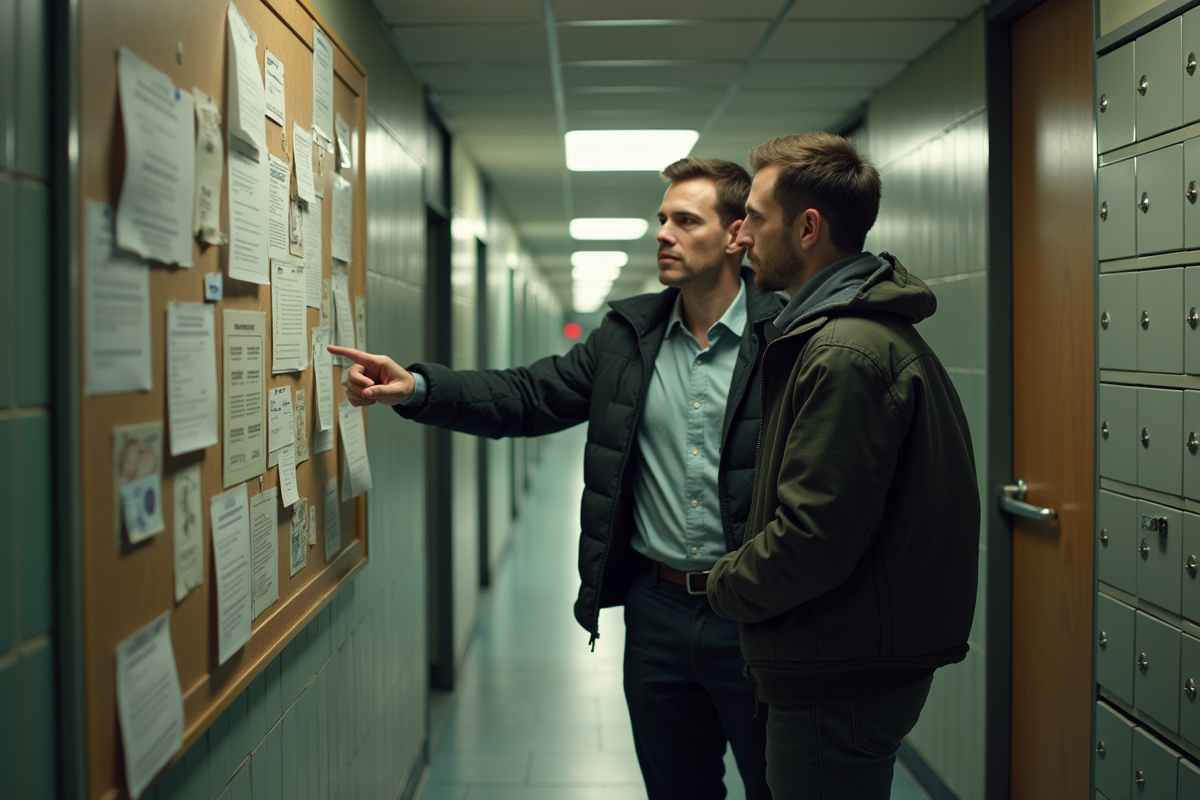 Deux hommes discutent devant un tableau d