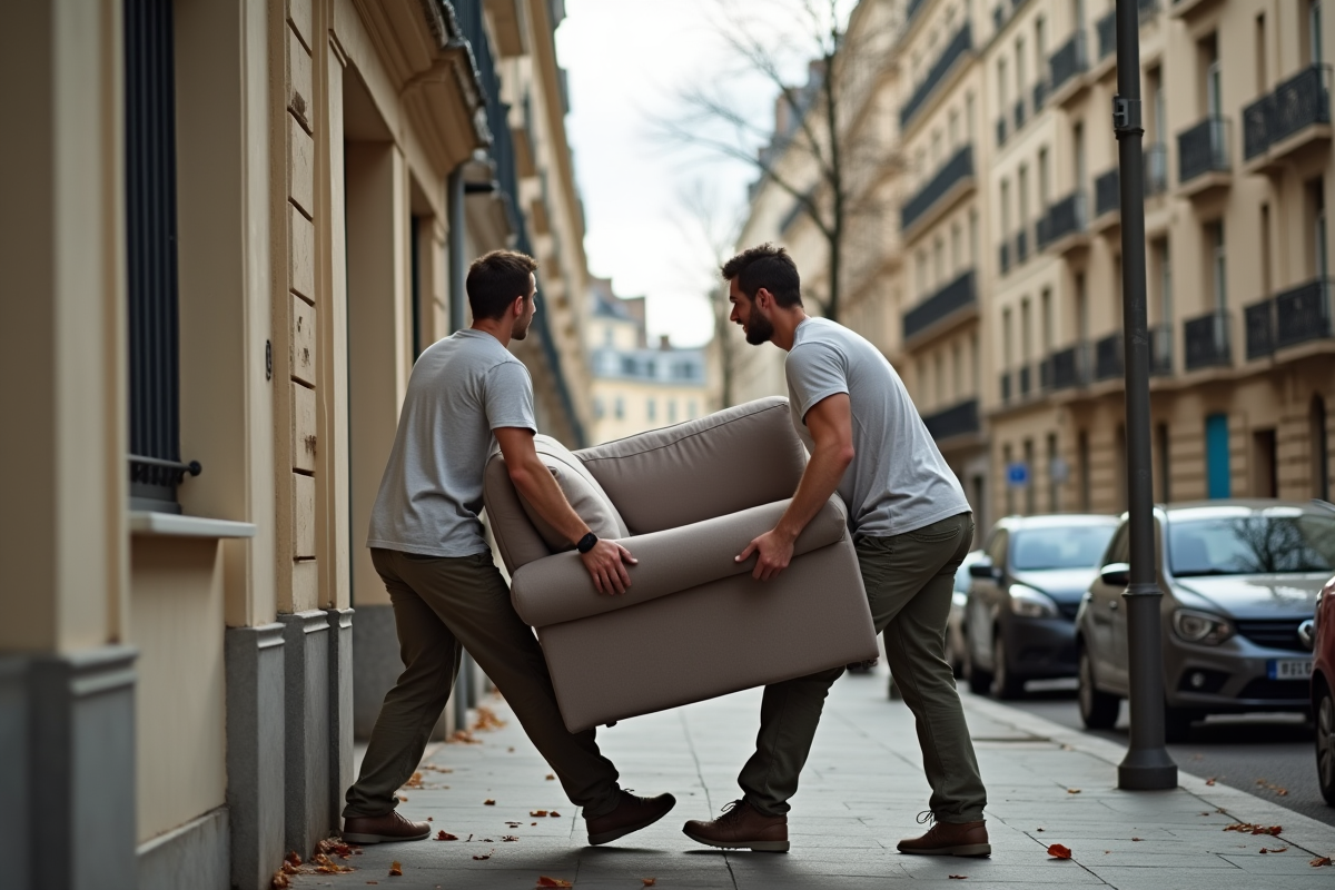 Deux jeunes hommes portant un canapé dans la rue en automne