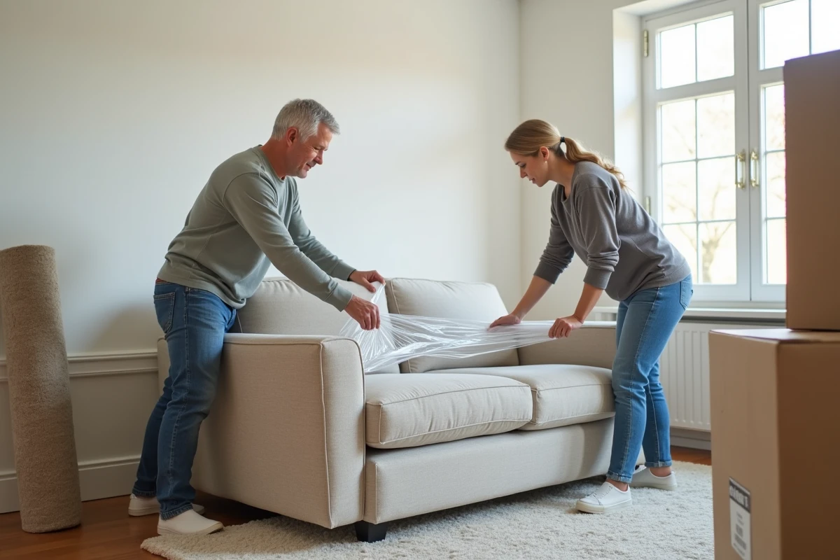 Couple emballant un canapé avec film plastique dans un salon lumineux